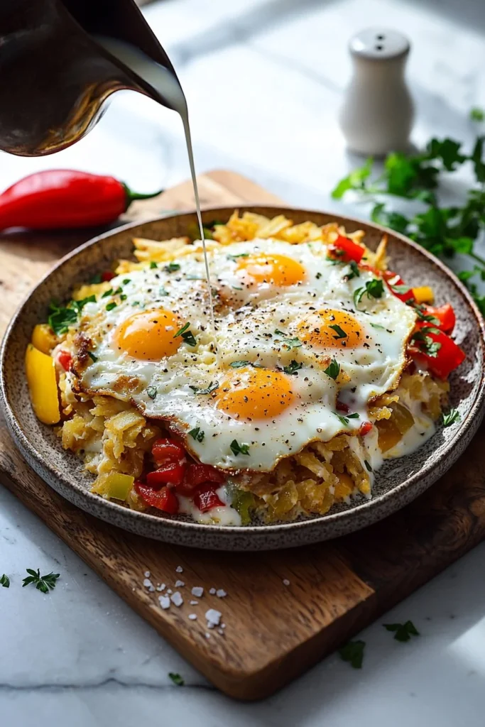 Delicious Hash Brown Egg Casserole served in a white dish
