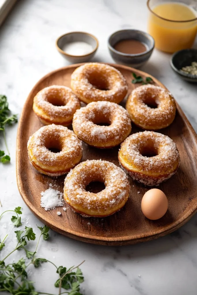 Delicious healthy baked apple cider donuts topped with cinnamon sugar.