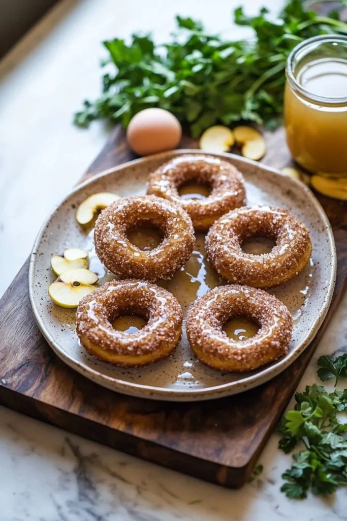 Healthy baked apple cider donuts on a plate with cinnamon and apples