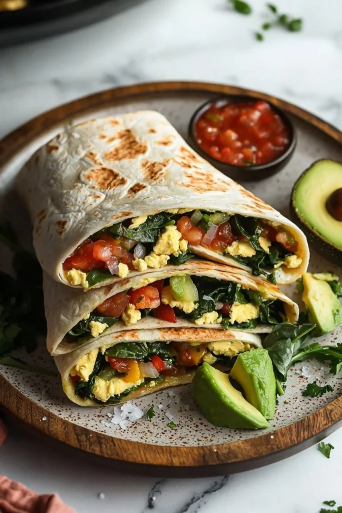 Healthy breakfast burrito filled with fresh vegetables and protein.