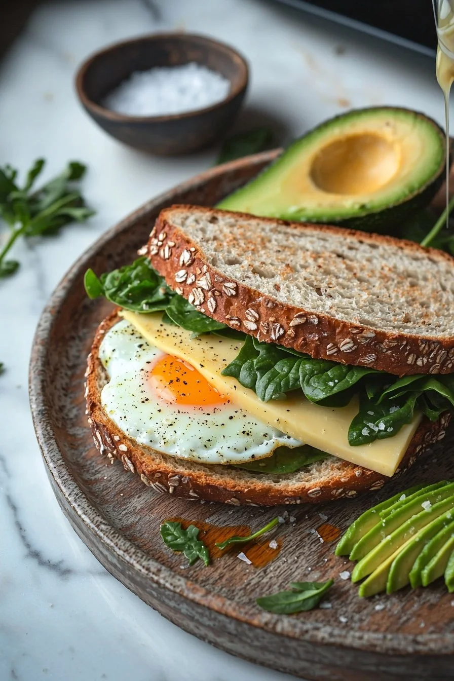 Healthy breakfast sandwich with fresh ingredients on a plate