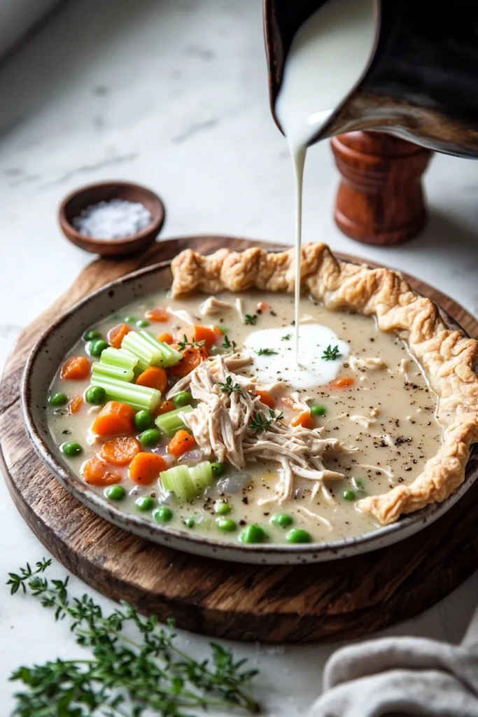 Healthy Chicken Pot Pie Soup in a bowl with vegetables and herbs
