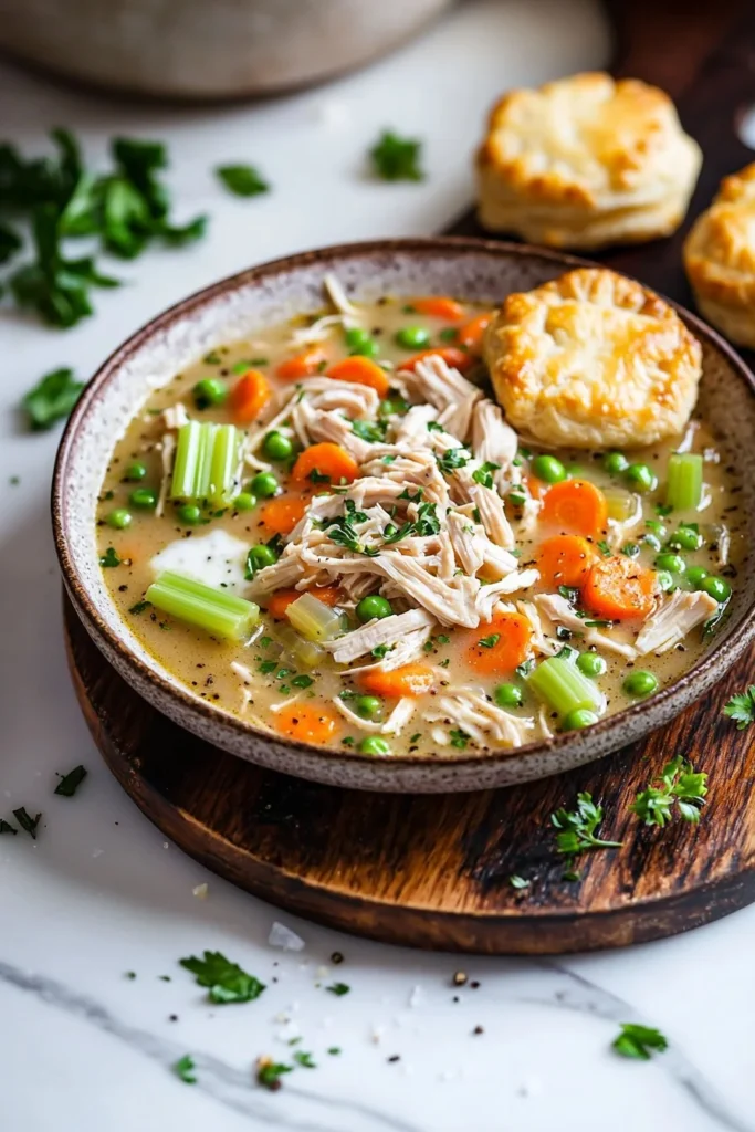 Healthy chicken pot pie soup in a bowl with vegetables and herbs.