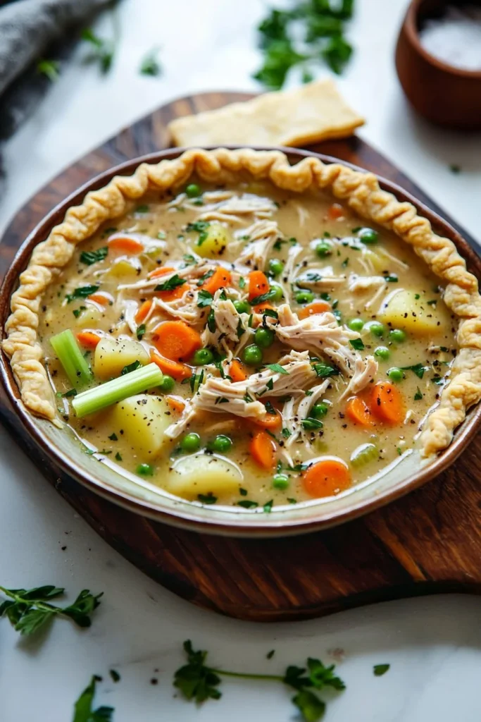 Bowl of healthy chicken pot pie soup with vegetables and herbs