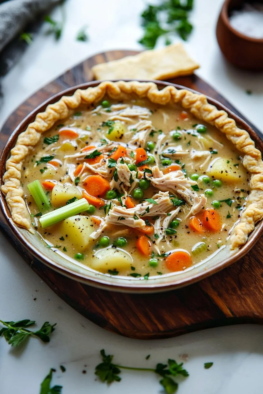Bowl of healthy chicken pot pie soup with vegetables and herbs