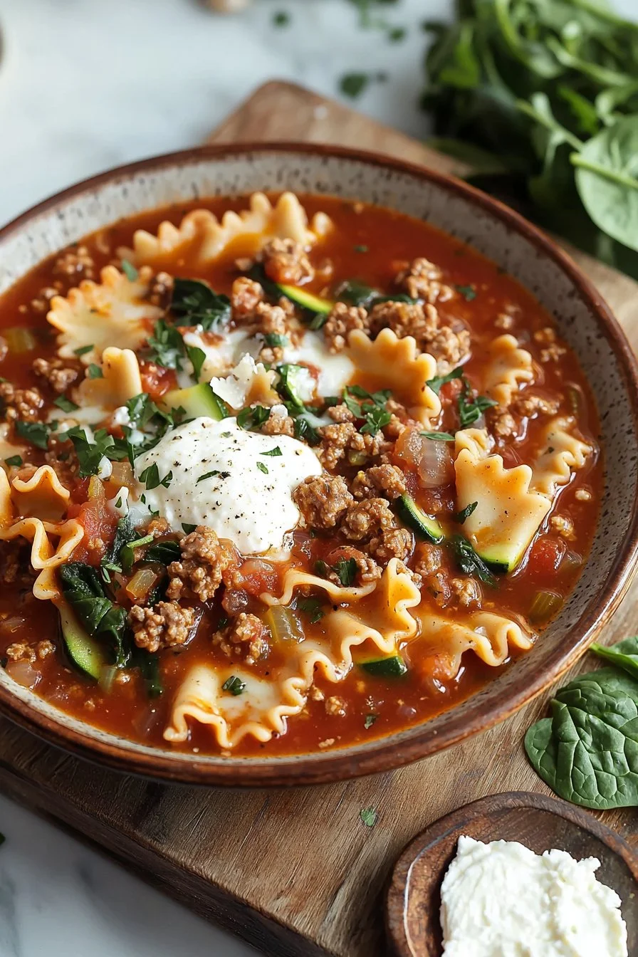 Bowl of healthy Crockpot Lasagna Soup topped with fresh herbs