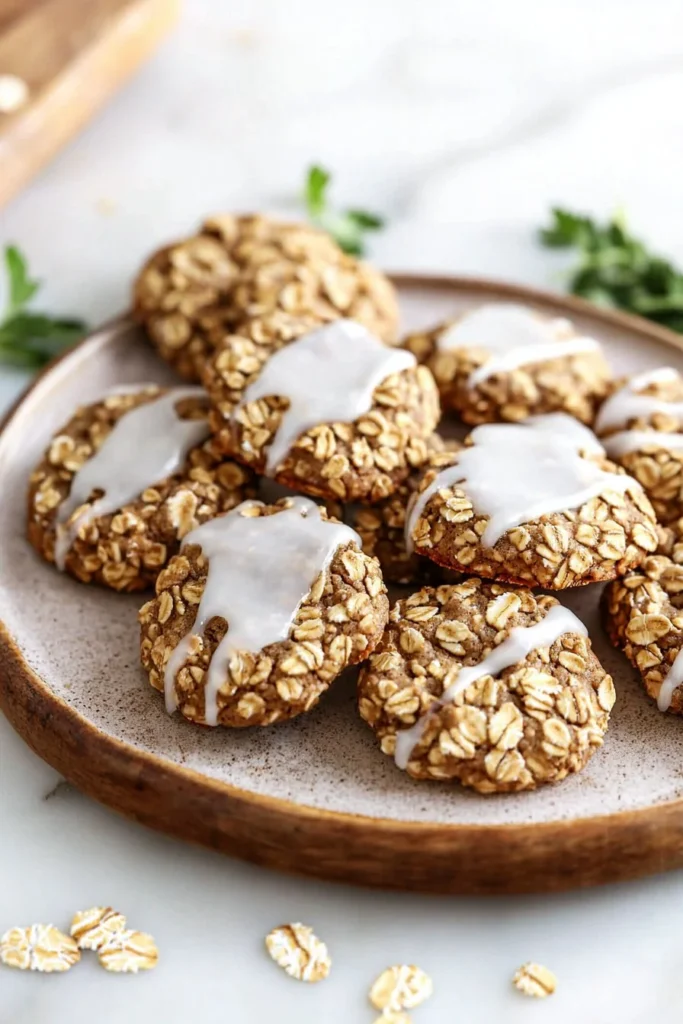 Healthy iced gingerbread oatmeal cookies on a festive plate