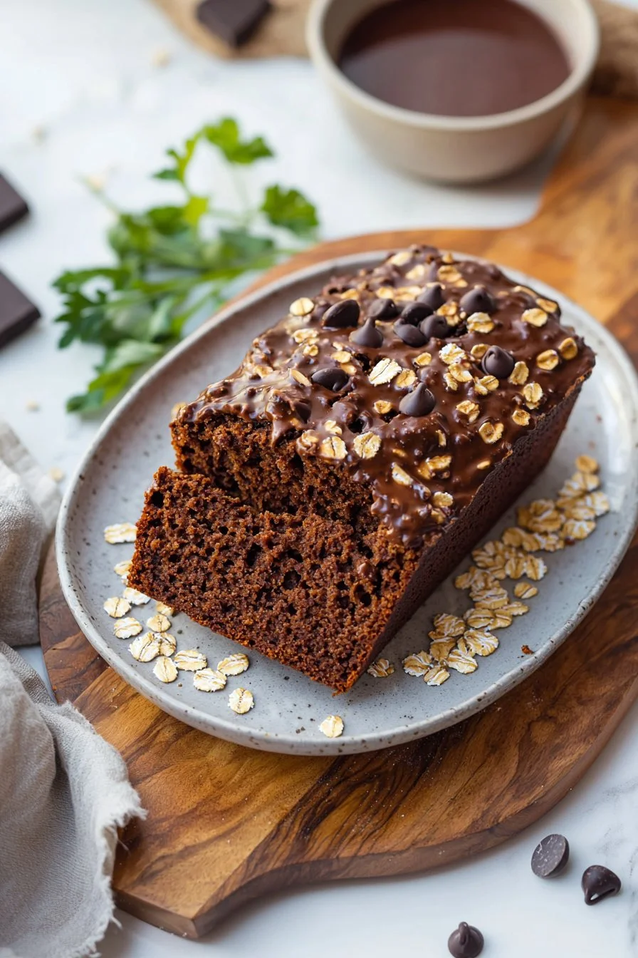 Healthy Oatmeal Double Chocolate Pumpkin Bread topped with chocolate chips