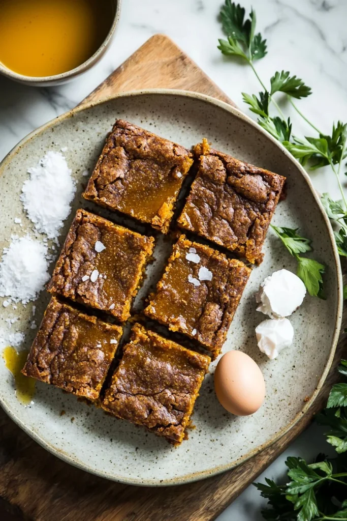 Healthy pumpkin bars topped with cream cheese frosting on a wooden table.