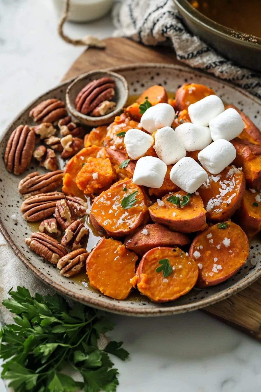 A delicious serving of healthy sweet potato casserole topped with crunchy pecans.