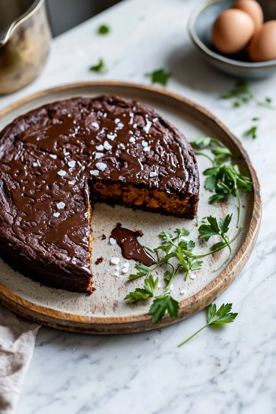 Healthy Sweet Potato Chocolate Cake topped with chocolate glaze and nuts