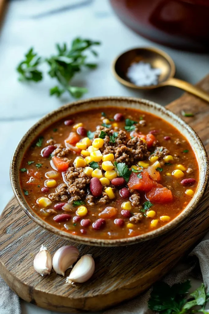A bowl of hearty cowboy soup filled with beans, corn, and vegetables.