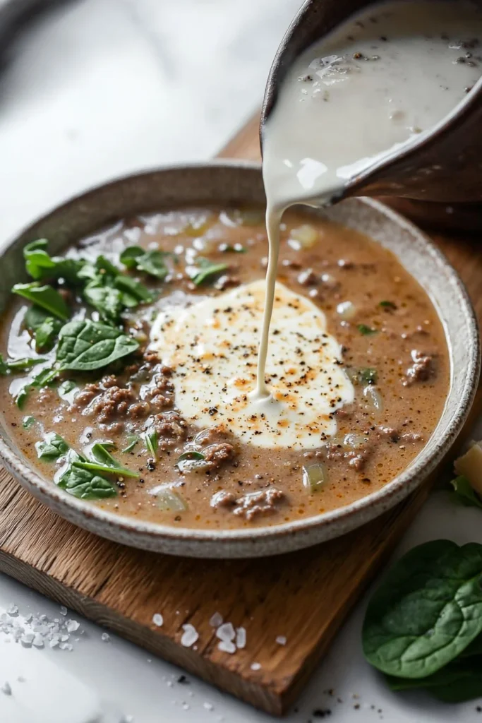 Hearty creamy Parmesan beef soup in a bowl garnished with herbs