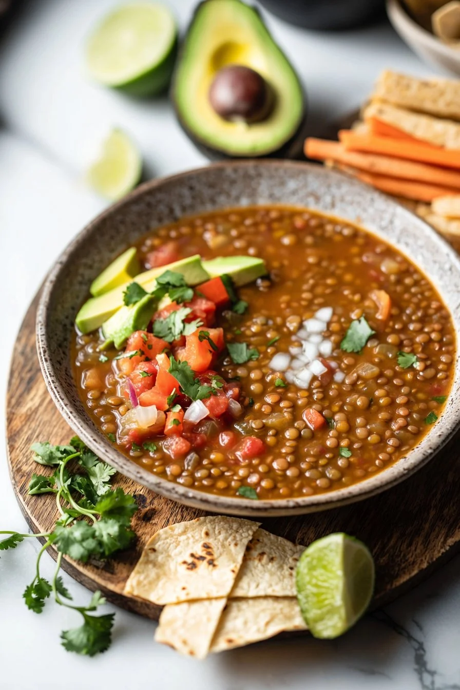 Bowl of hearty Lentil Tortilla Soup garnished with avocado and tortilla strips