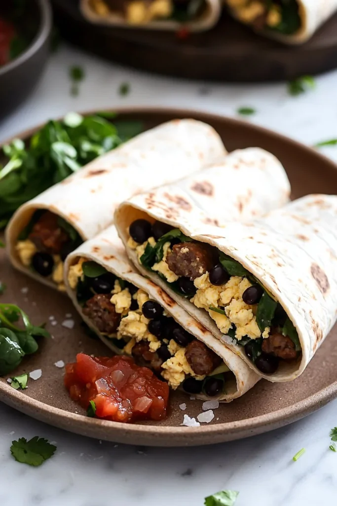 Delicious high protein breakfast burrito filled with eggs, beans, and veggies