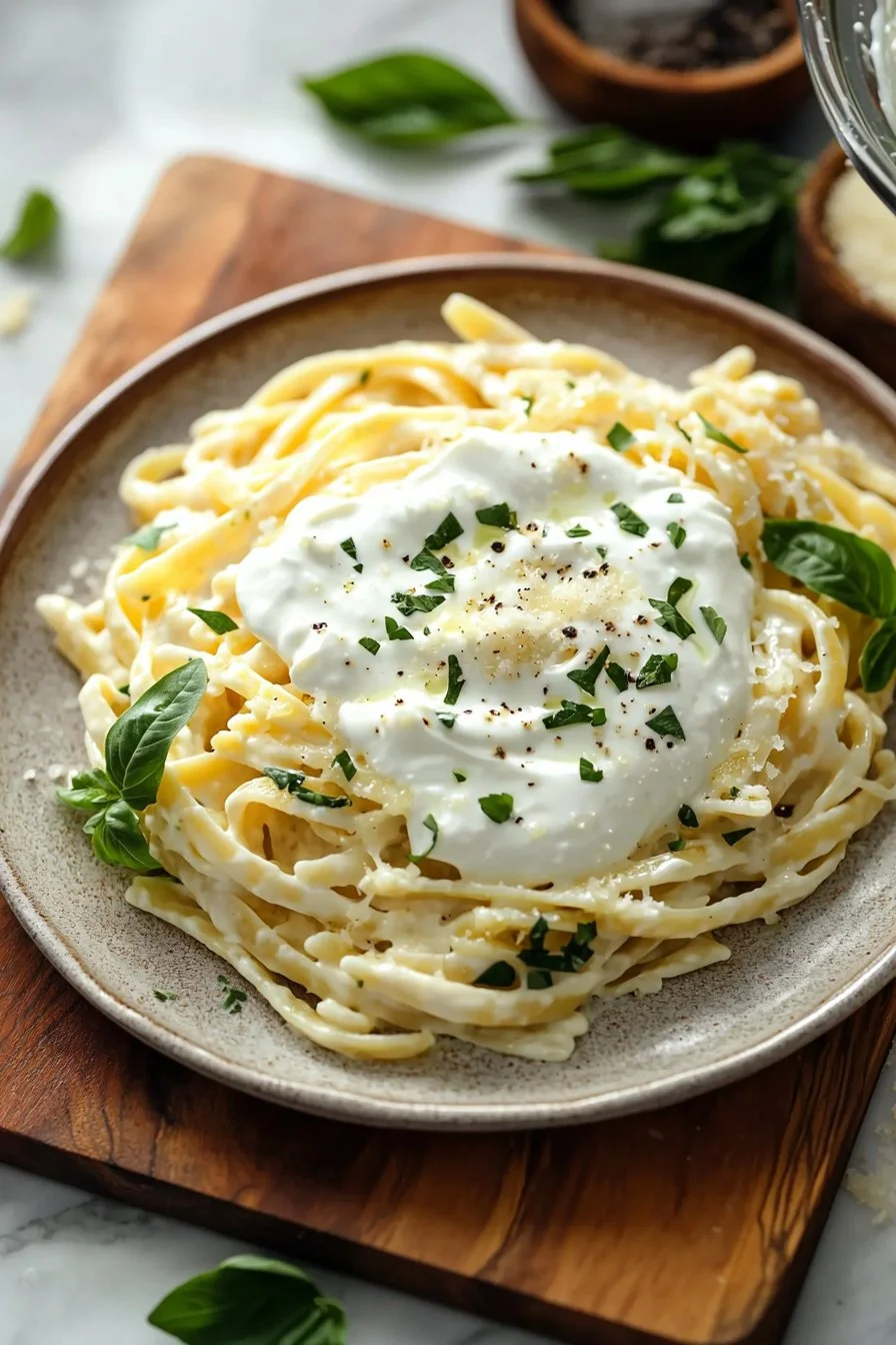 High-protein cottage cheese pasta sauce served over pasta.