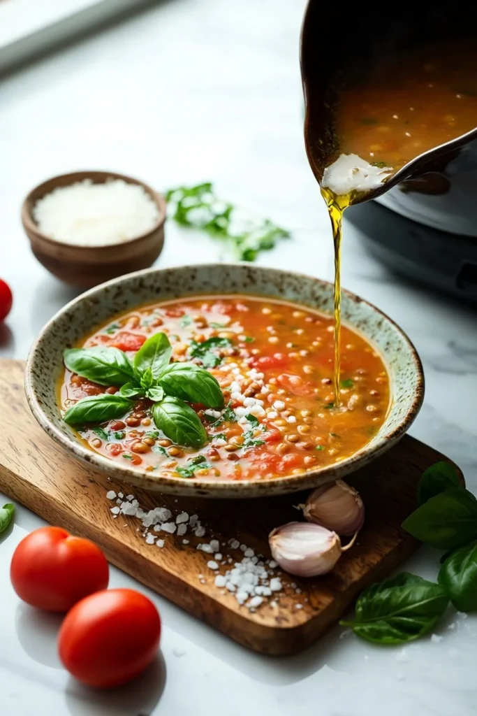Bowl of high-protein tomato soup garnished with herbs and served with bread