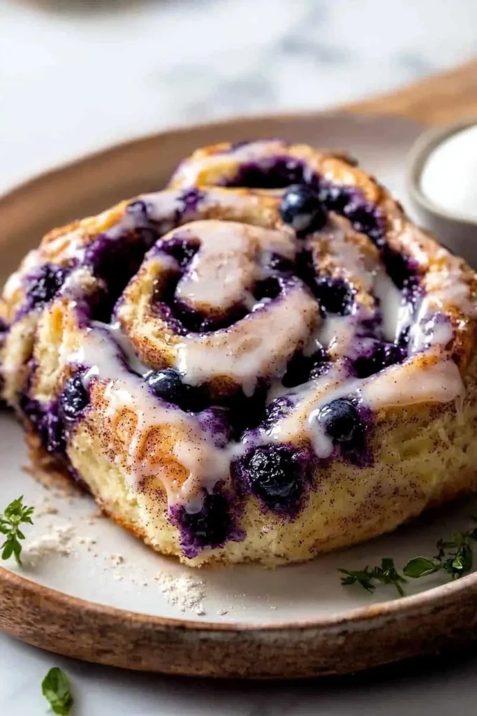 Freshly baked homemade blueberry cinnamon rolls with a cinnamon sugar swirl.