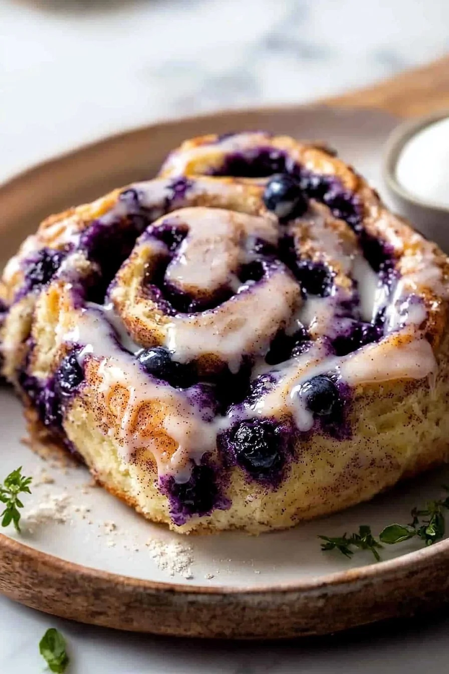 Freshly baked homemade blueberry cinnamon rolls with a cinnamon sugar swirl.