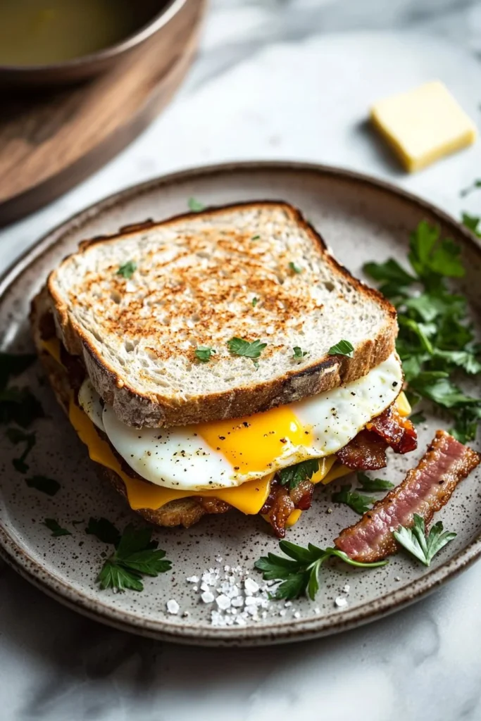 Homemade breakfast griddle sandwich with eggs, cheese, and bacon