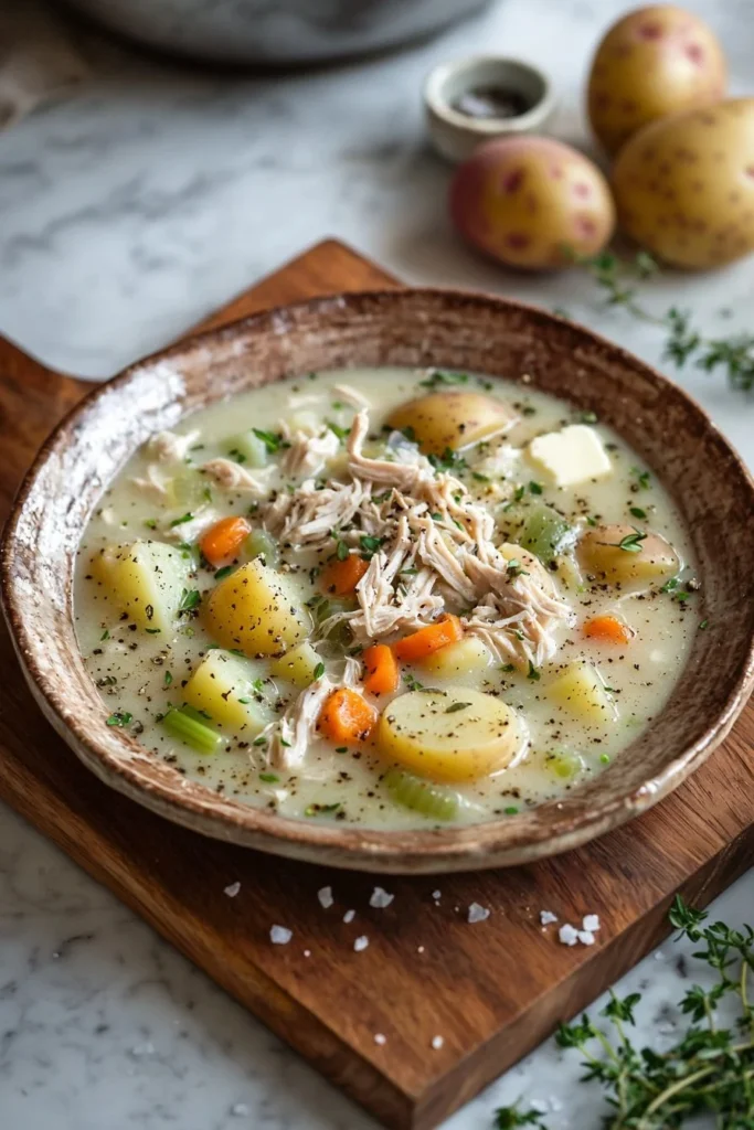 Bowl of homemade chicken potato soup with vegetables and herbs
