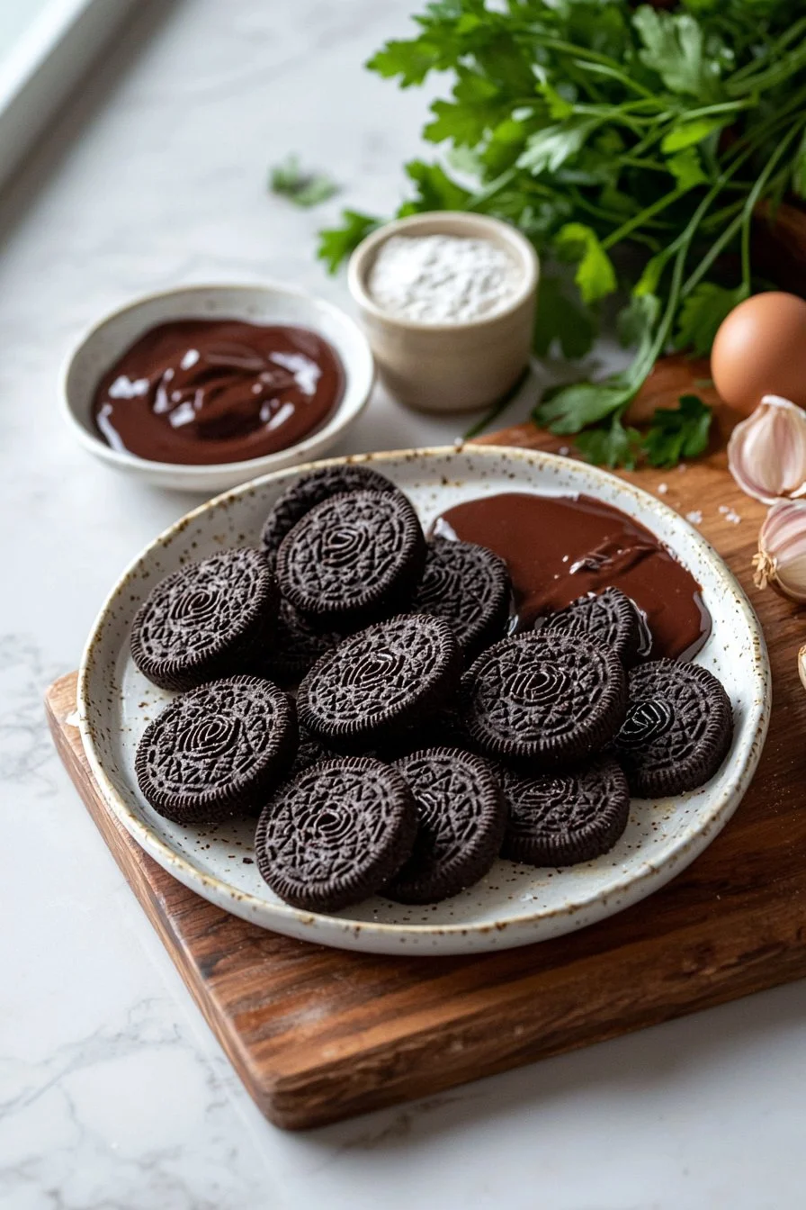 Homemade Oreo cookies with cream filling on a wooden table