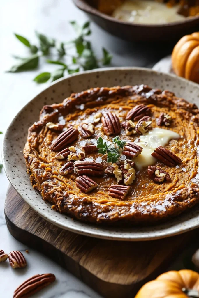 Delicious homemade pumpkin pecan cobbler topped with crunchy pecans.