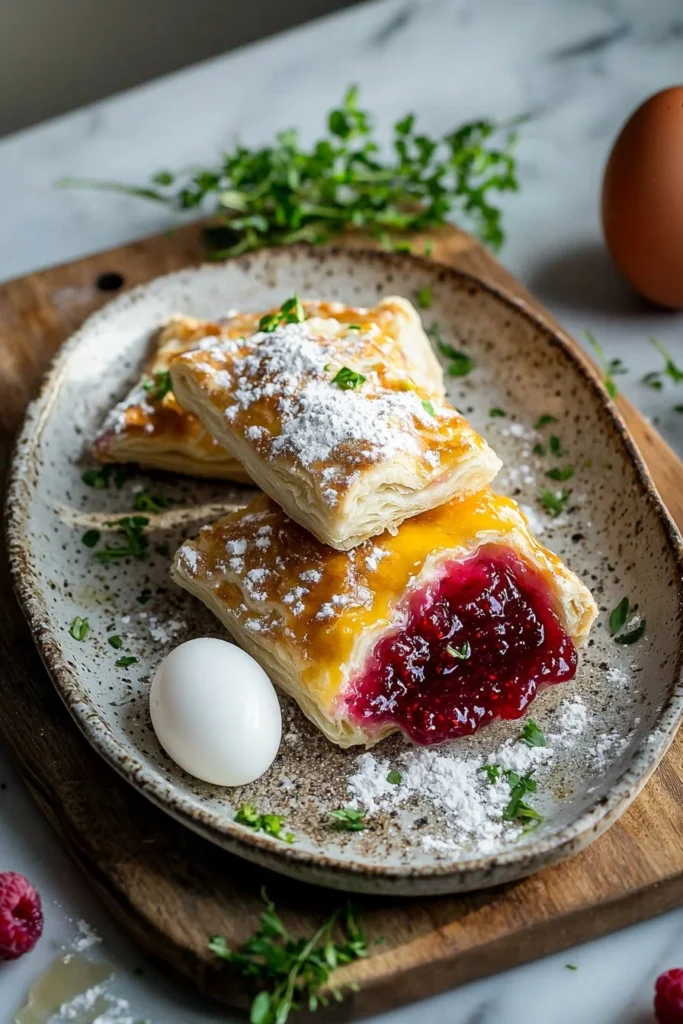 Homemade Raspberry Pop-Tarts on a blue plate with a sprinkle of powdered sugar.