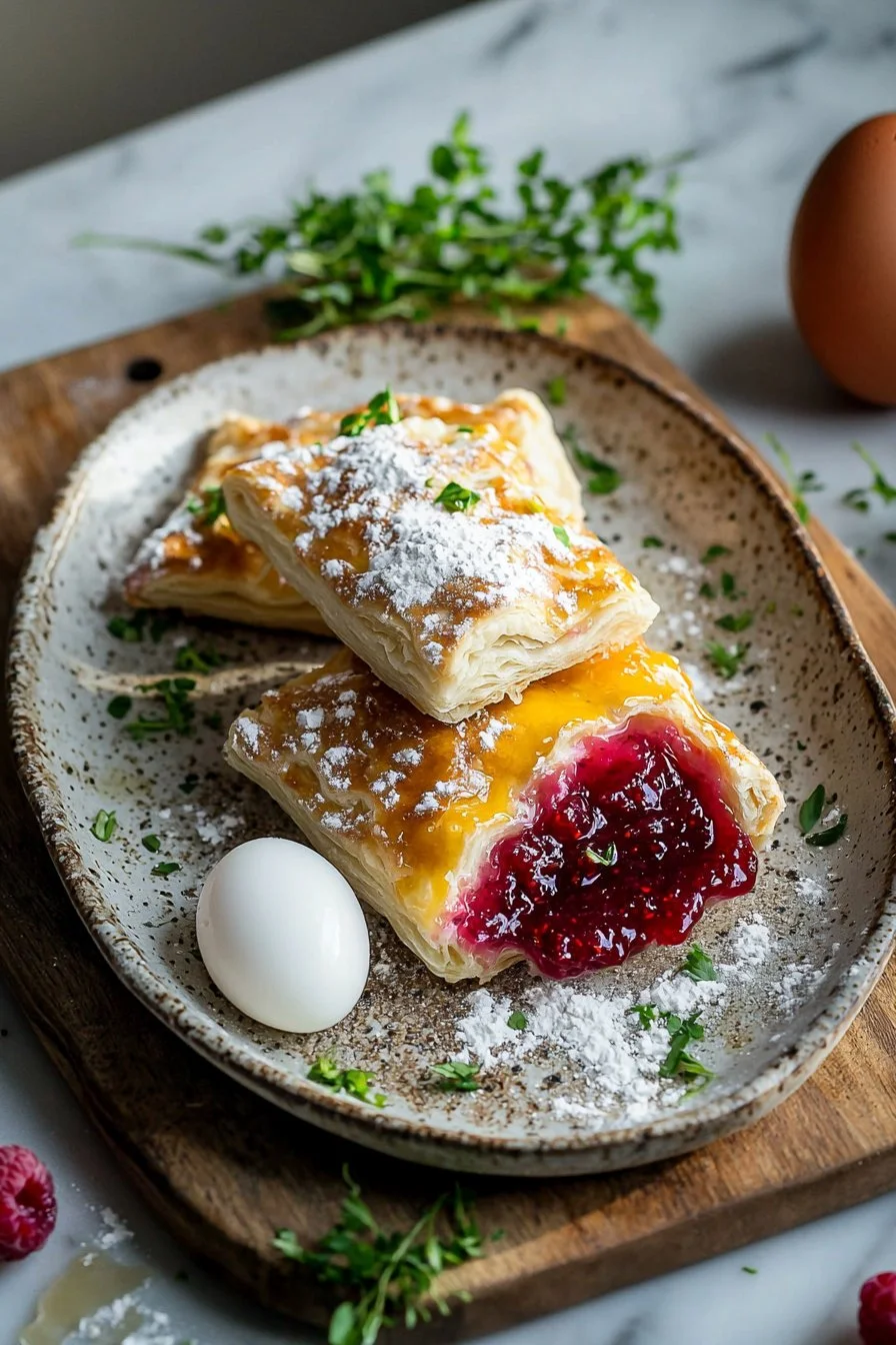 Homemade Raspberry Pop-Tarts on a blue plate with a sprinkle of powdered sugar.