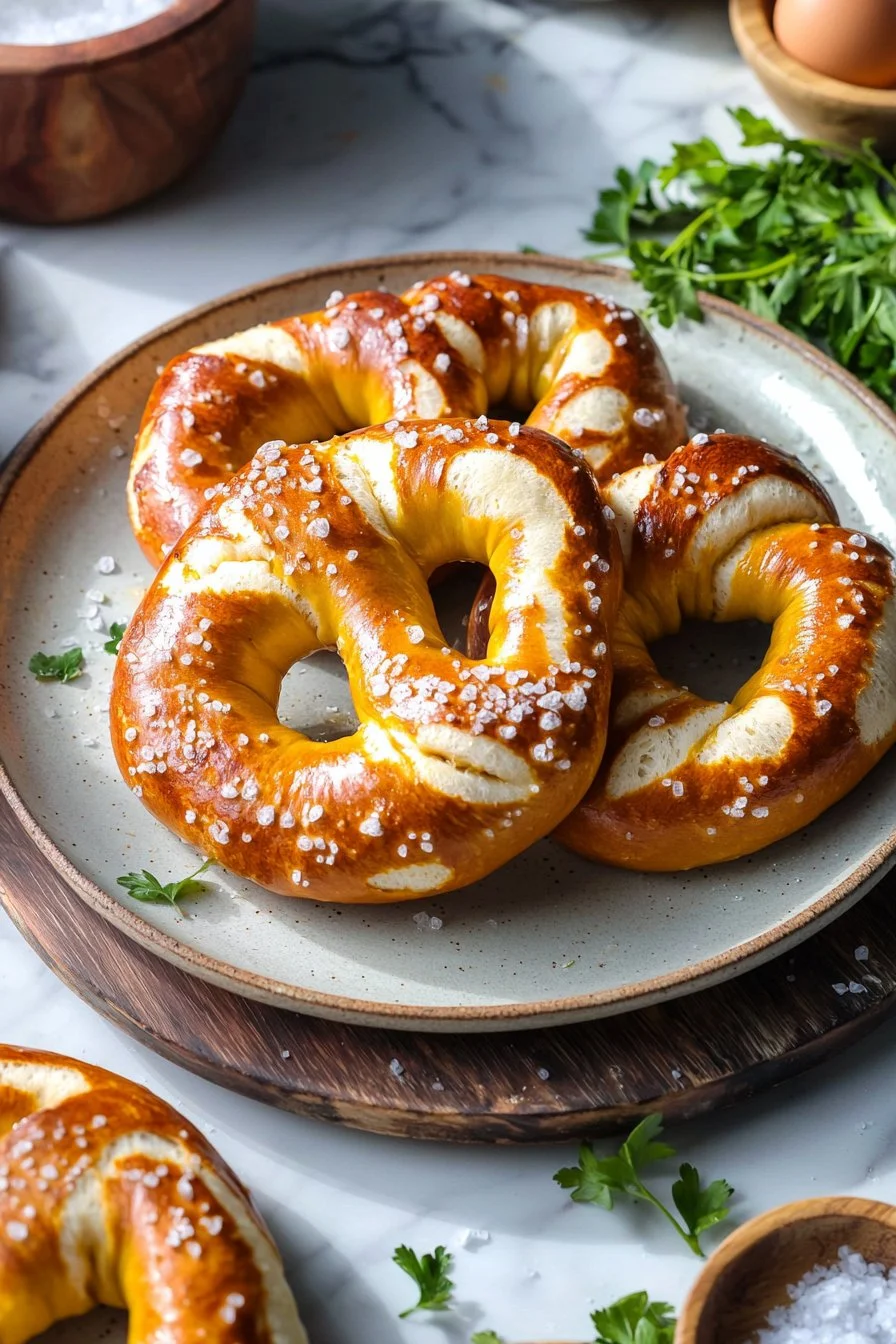 Freshly baked homemade soft pretzels ready to enjoy with mustard