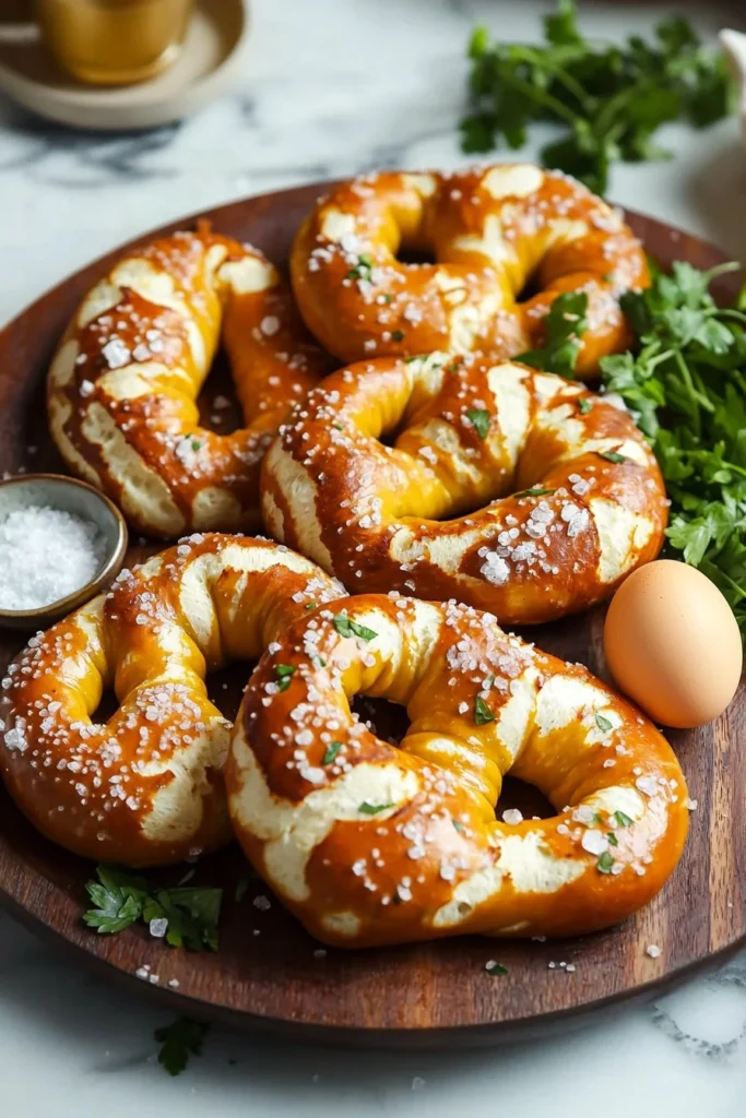 Freshly baked homemade soft pretzels with coarse salt and dipping sauce