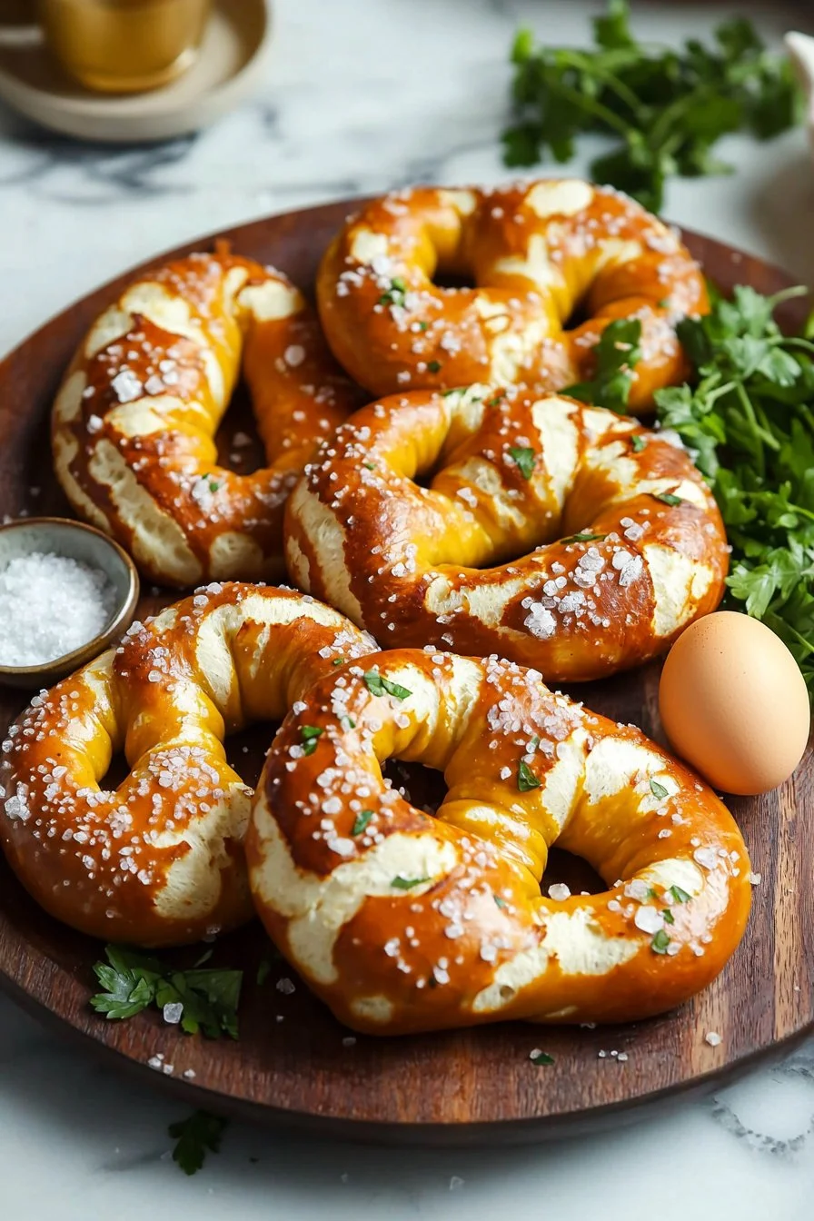 Freshly baked homemade soft pretzels with coarse salt and dipping sauce