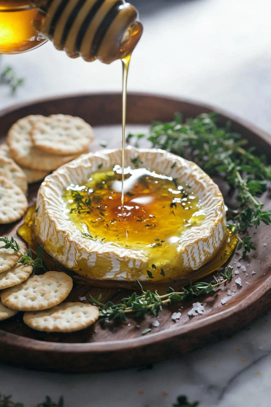 Delicious hot honey baked brie cheese served with crackers and fruit.