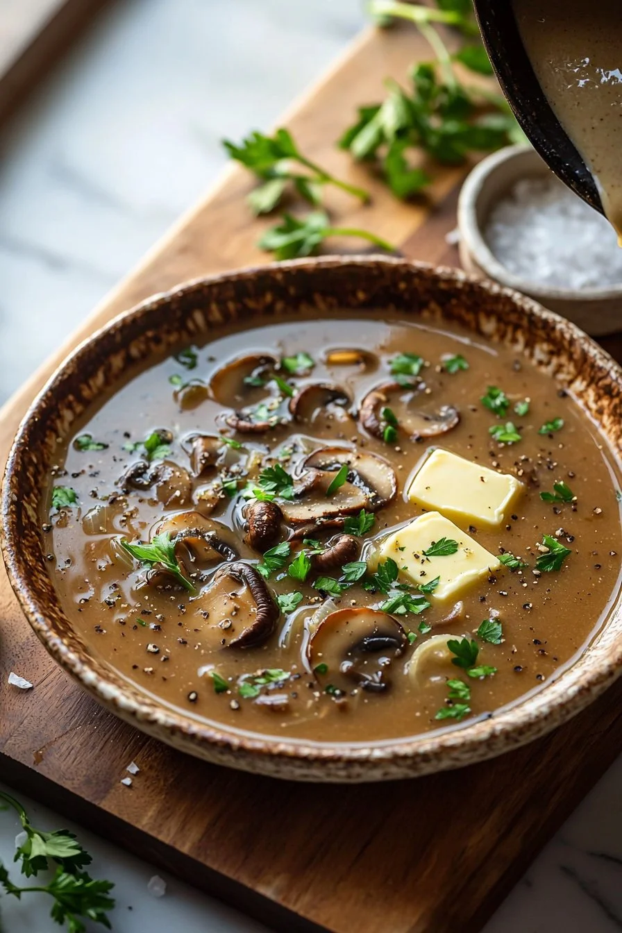 Bowl of rich and creamy Hungarian Mushroom Soup garnished with fresh herbs