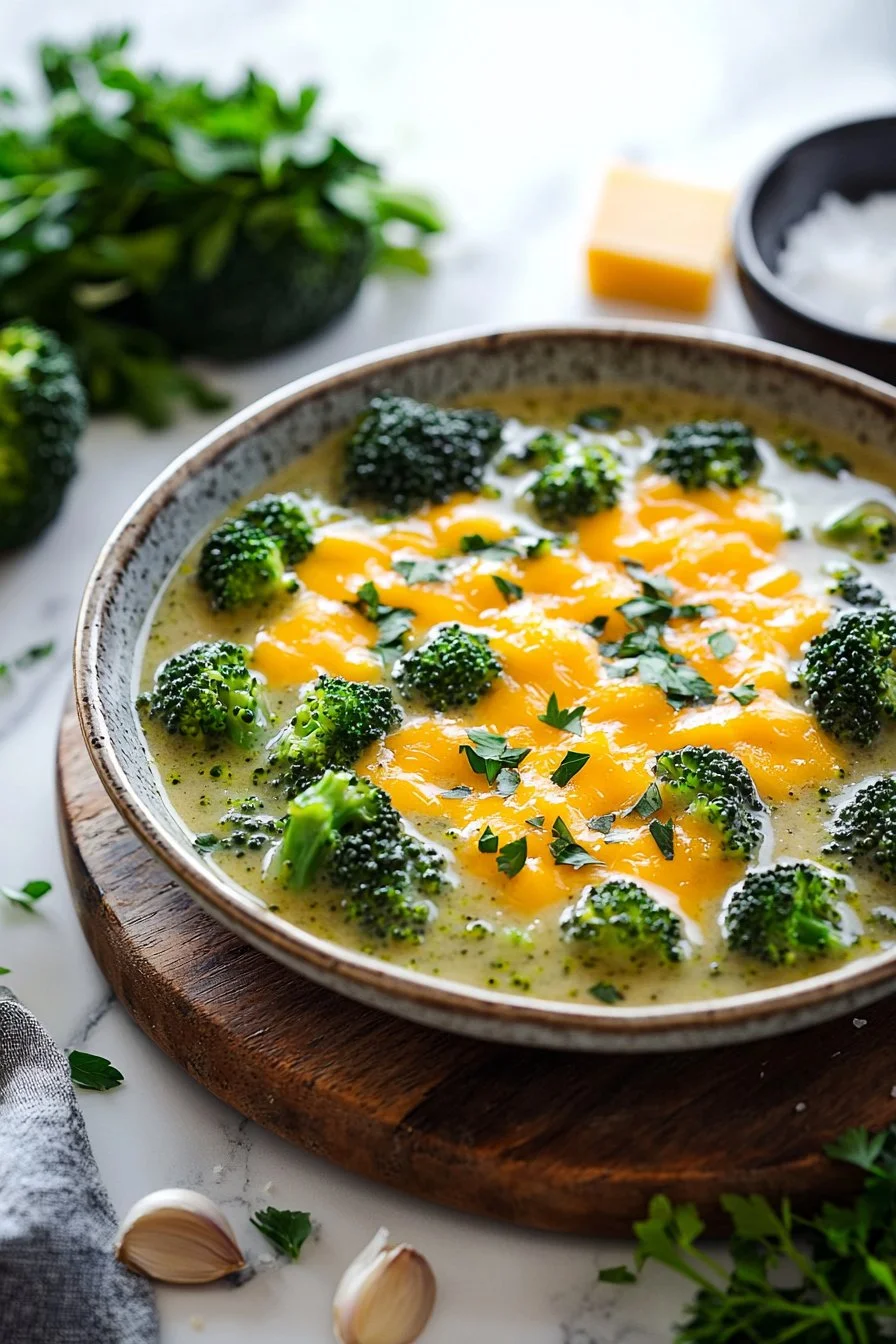 Bowl of creamy Instant Pot broccoli cheddar soup garnished with fresh broccoli.
