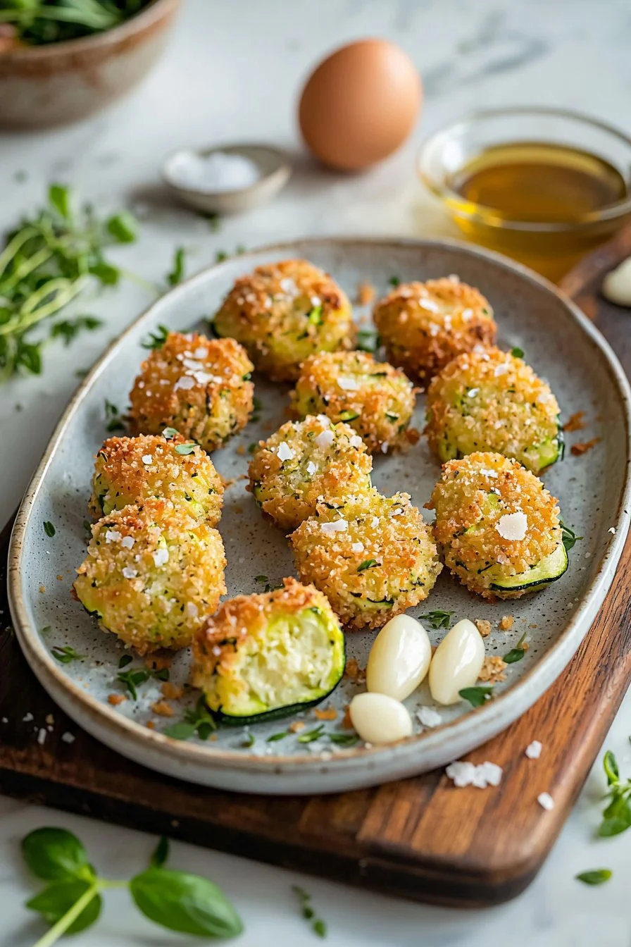 Italian style zucchini garlic bites garnished and served on a plate