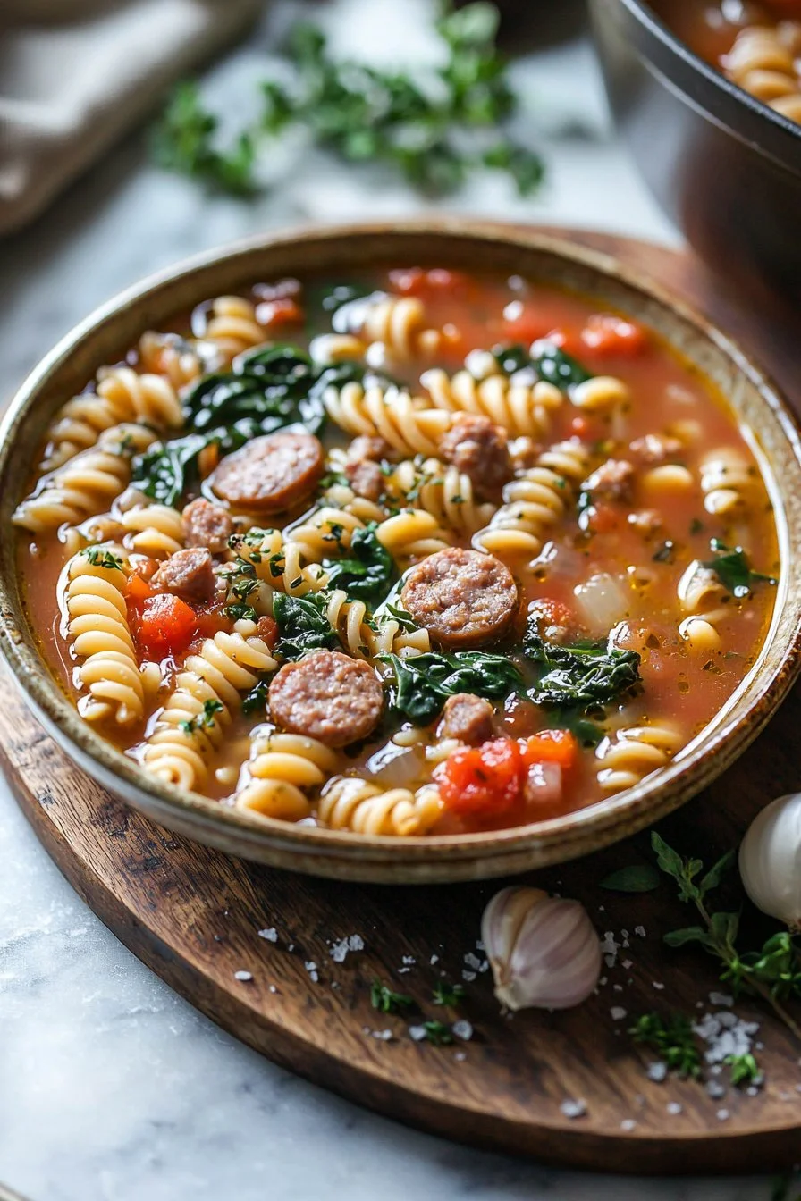 Bowl of Italian Sausage Pasta Soup topped with fresh herbs and cheese.