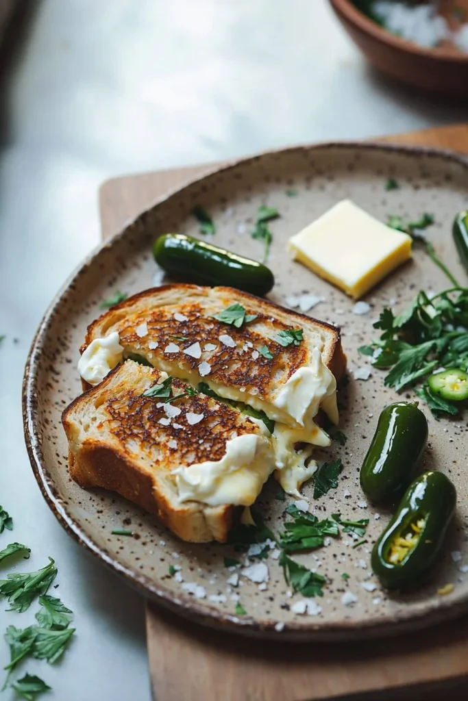 Melted jalapeño popper grilled cheese sandwich with spicy peppers and toasted bread