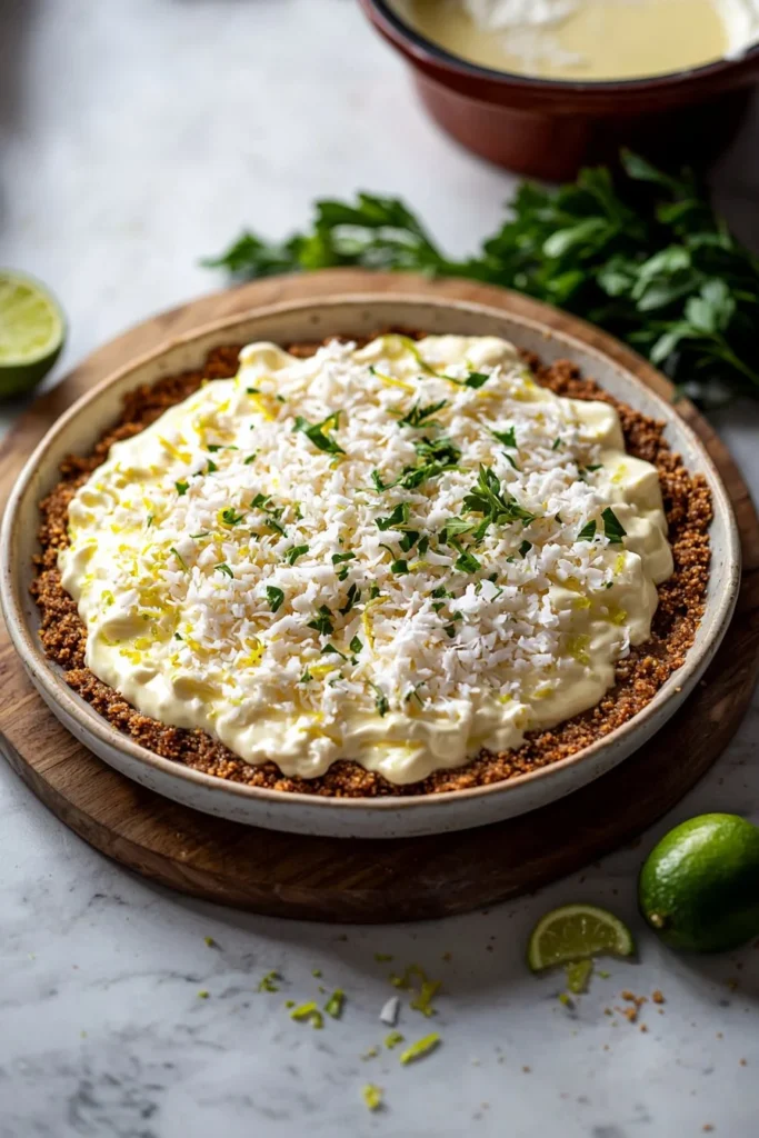Delicious Key Lime Pie topped with whipped cream and lime slices