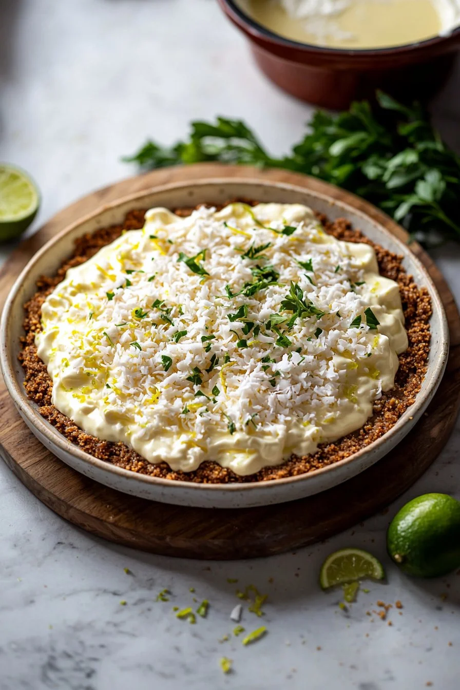 Delicious Key Lime Pie topped with whipped cream and lime slices
