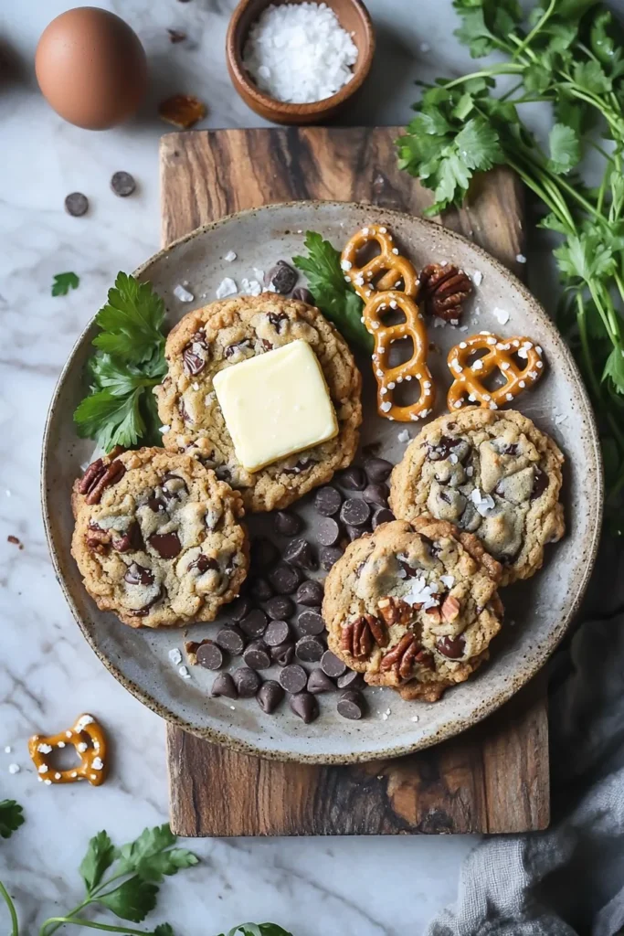 Delicious kitchen sink cookies filled with chocolate, nuts, and dried fruits.