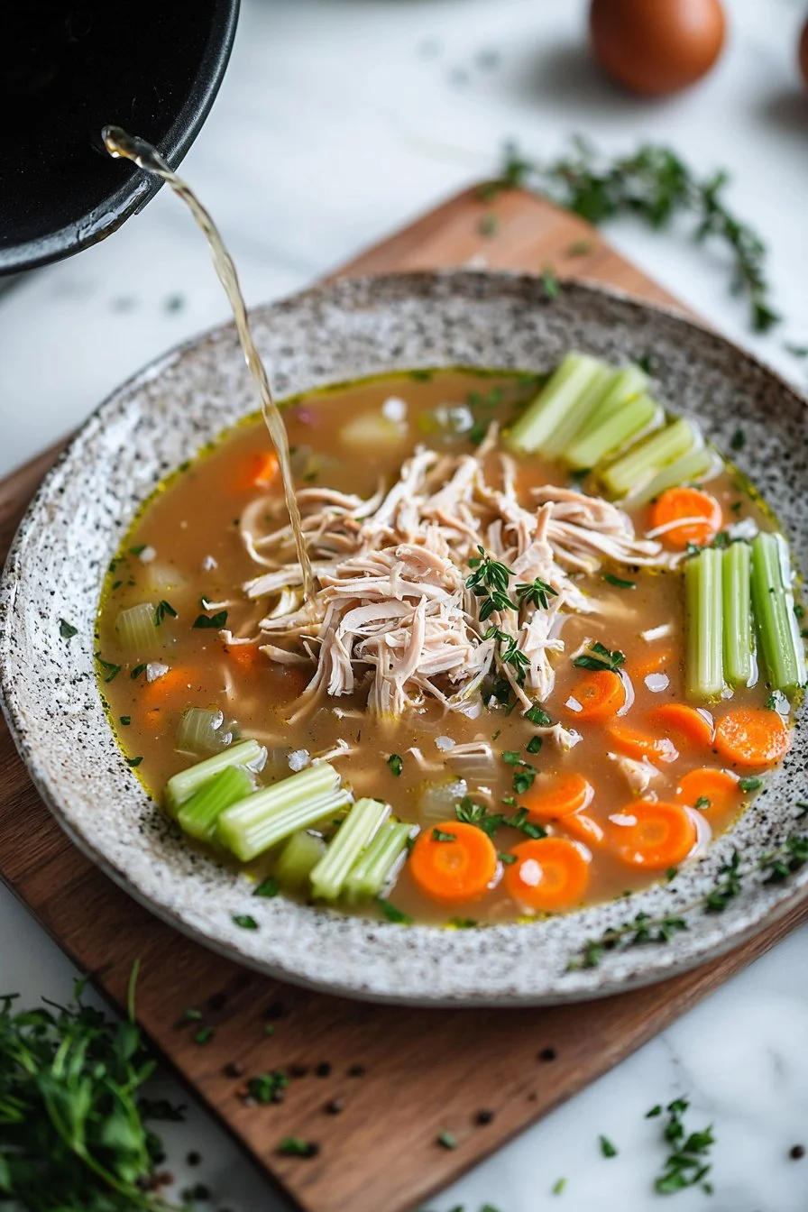Bowl of hearty leftover turkey soup with vegetables and herbs