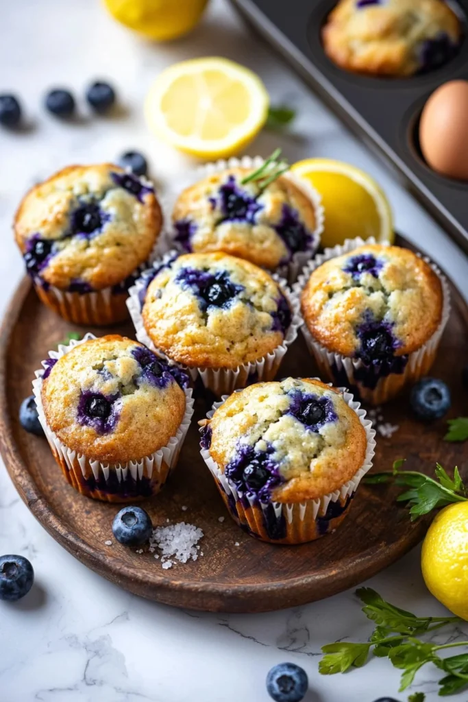 Freshly baked lemon blueberry muffins with a golden top and blueberries