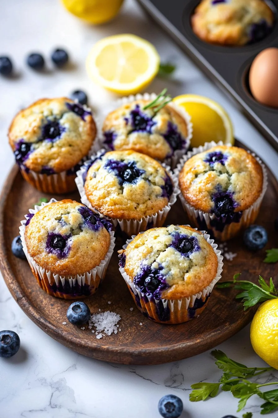 Freshly baked lemon blueberry muffins with a golden top and blueberries