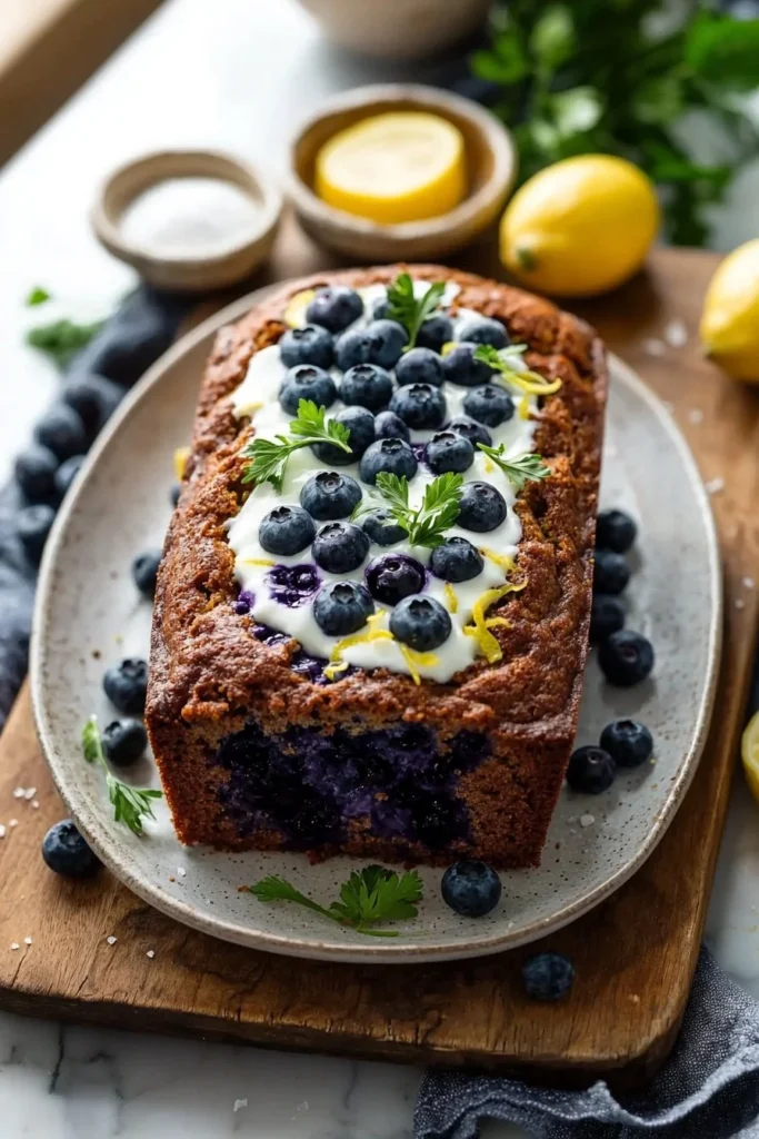 Sliced lemon blueberry yogurt loaf on a wooden cutting board.