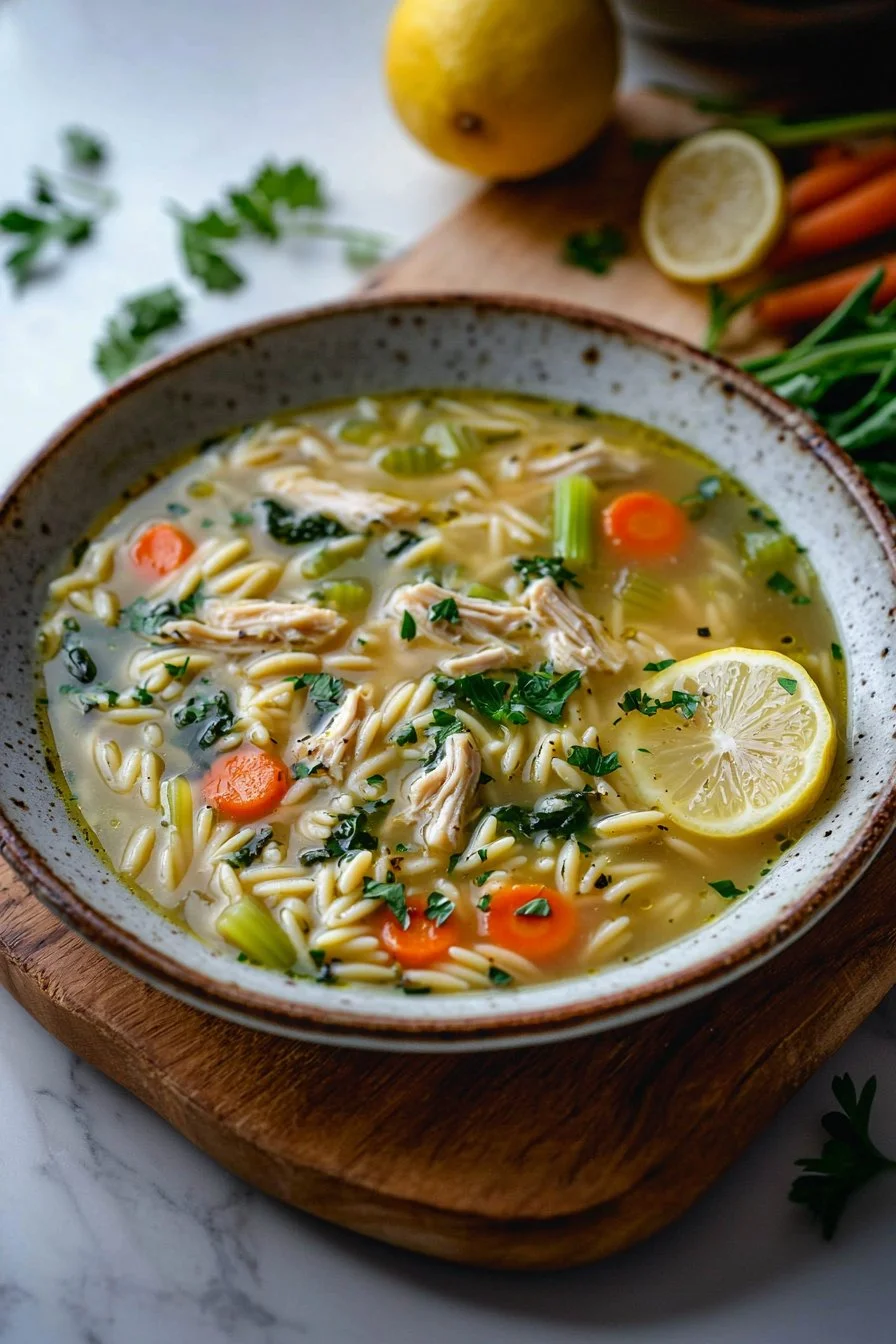 Bowl of Lemon Chicken Orzo Soup garnished with fresh herbs