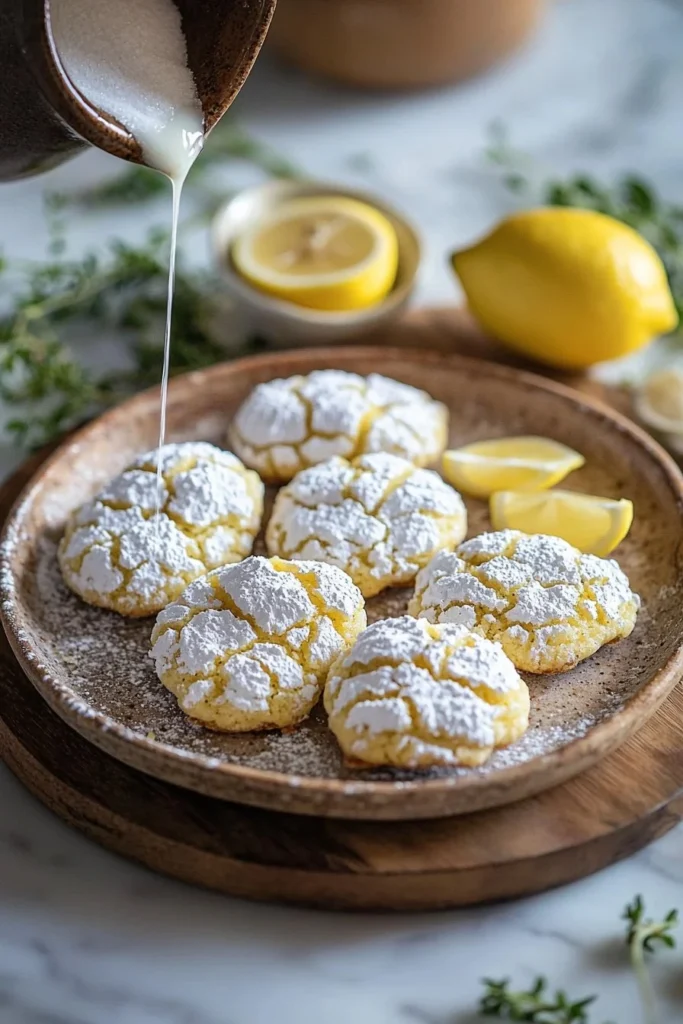 Freshly baked Lemon Crinkle Cookies with dusting of powdered sugar