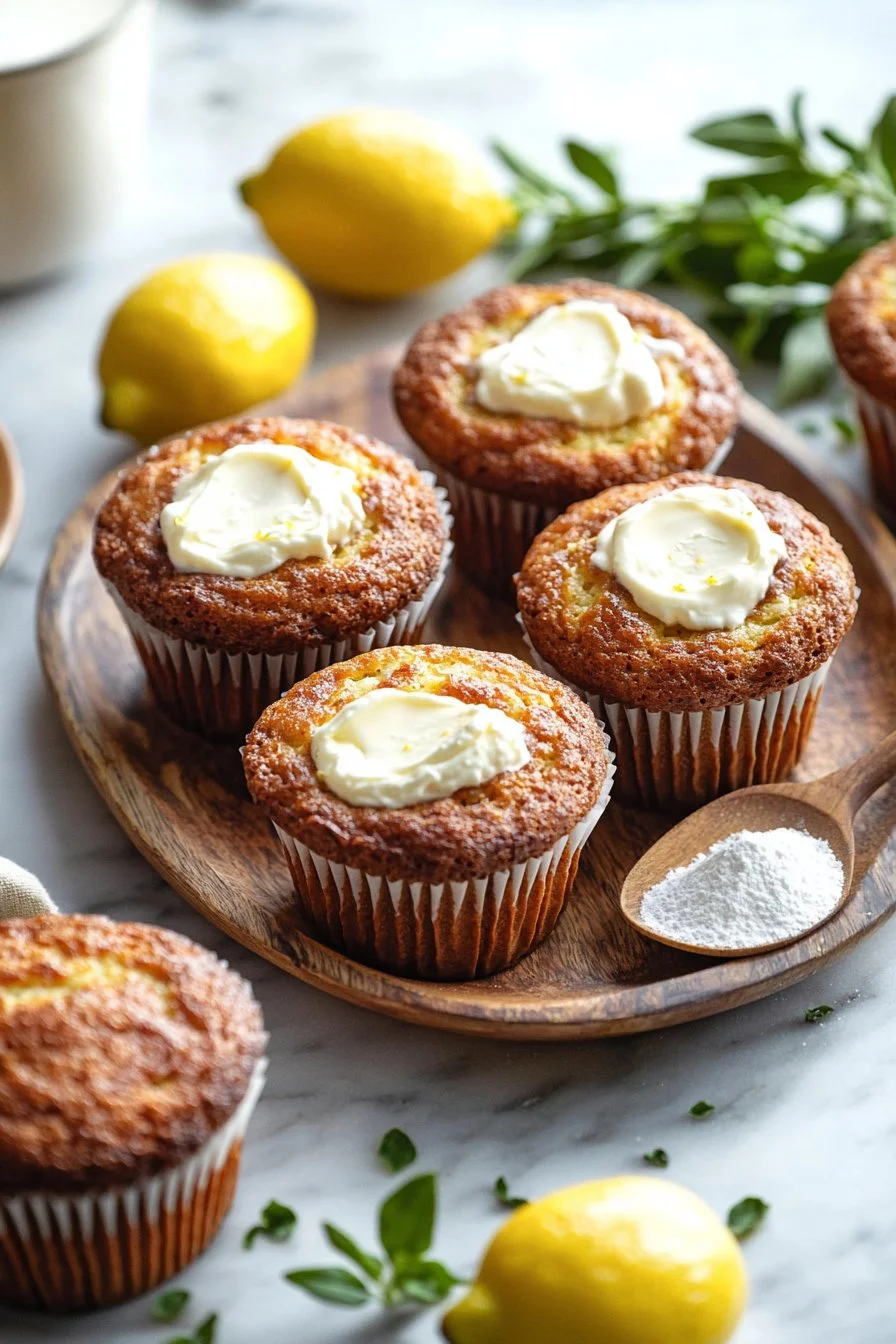 Delicious lemon muffins with creamy cream cheese filling in a beautiful display