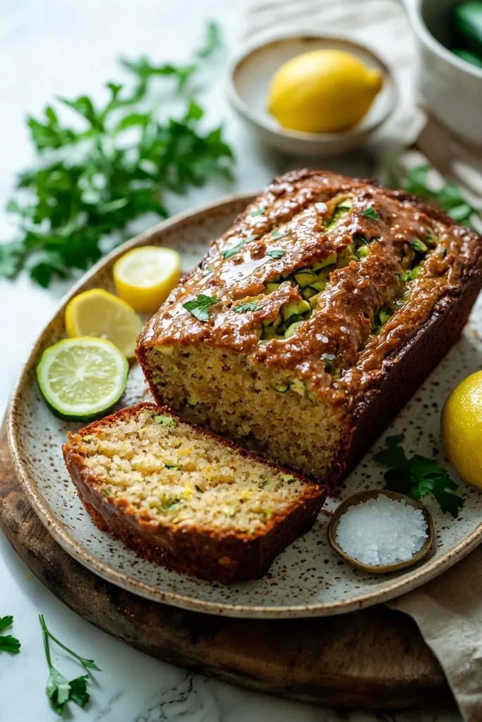 Freshly baked Lemon Zucchini Bread presented on a rustic wooden table.