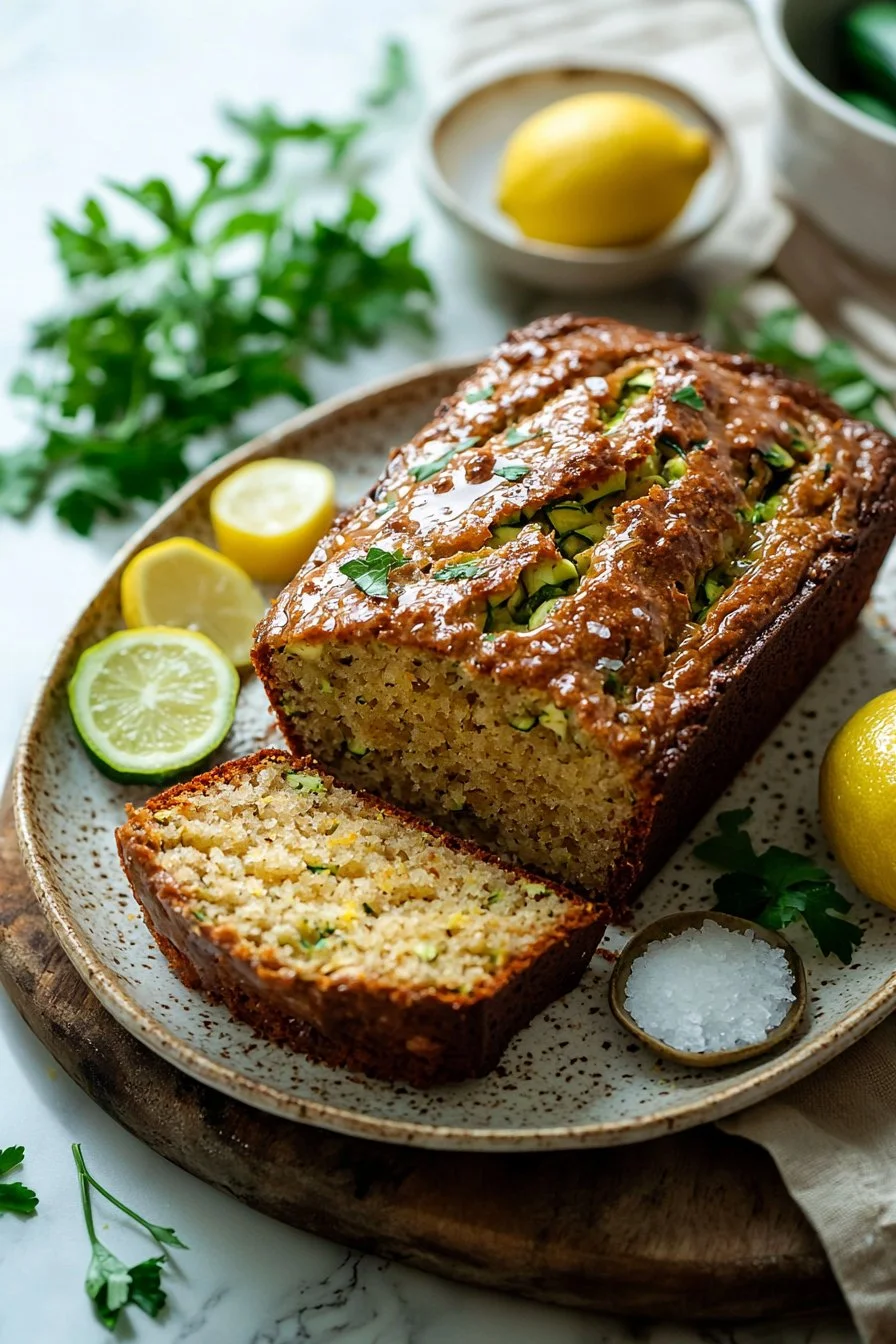 Freshly baked Lemon Zucchini Bread presented on a rustic wooden table.
